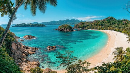 Fototapeta premium Tropical paradise beach, crystal-clear water, lush greenery, stunning vista