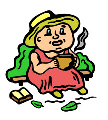 
Vector color illustration, grandmother in hat and dress with drink on bench and book, on white isolated background