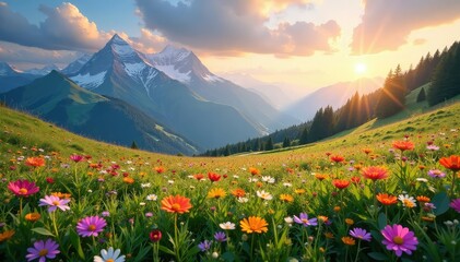 Fototapeta premium Serene mountain meadow bursting with wildflowers under a vibrant sky , scenic, flora