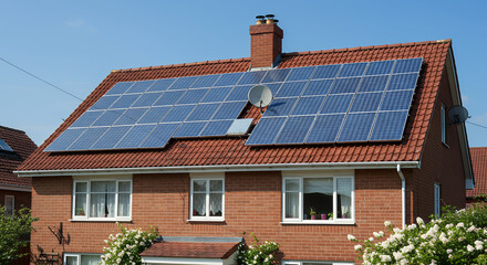 Solar Panel Power: Red Brick Home with Sustainable Energy & Chimney - Clean Energy Solutions for Modern Living