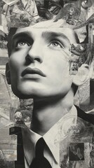 Intriguing portrait collage of a man gazing upward.