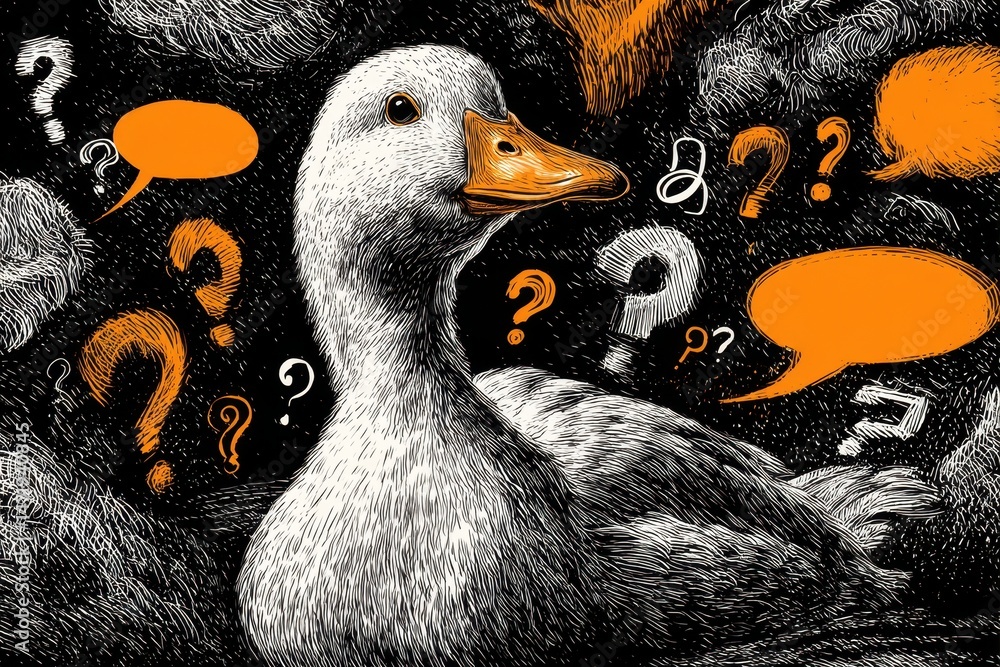 Poster a duck surrounded by numerous question marks and thought bubbles.