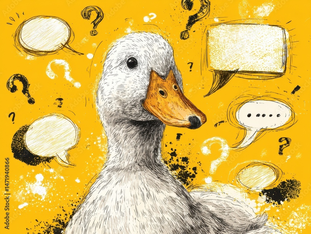 Poster curious duck surrounded by question marks and speech bubbles.