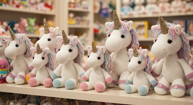 Unicorn stuffed toys on shelf in store