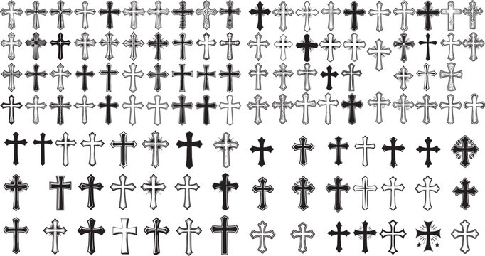 Extensive array of cross designs, showcasing different styles, shapes, and sizes. The crosses are presented in a monochrome color scheme, emphasizing their intricate details and unique characteristics