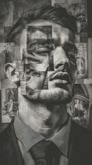 Intricate collage portrait of a man in grayscale.