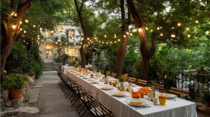 Fototapeta premium Outdoor Wedding Reception, Garden Party, Celebration under String Lights