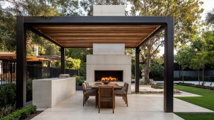 Obraz premium Modern Outdoor Living Space with Fireplace and Pergola. Luxury Patio Design.