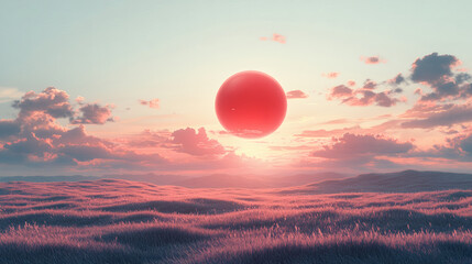 Fototapeta premium Red sun setting over pink grassy field