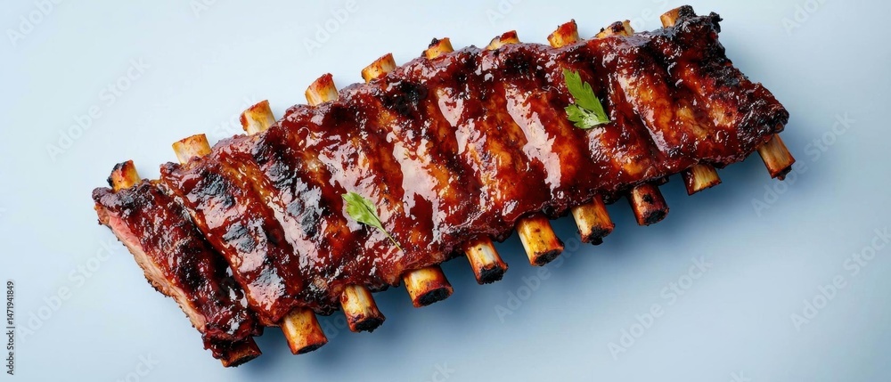 Poster rack of ribs on a light blue background. the ribs are arranged in a neat row and are covered in a th