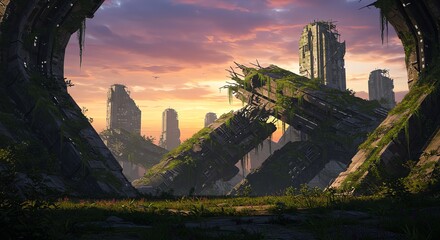 City ruins with sunset and overgrown vegetation