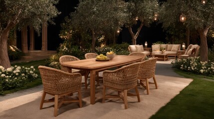 Obraz premium Outdoor Living, Luxury Patio, Garden Furniture, Evening, Elegant Setting