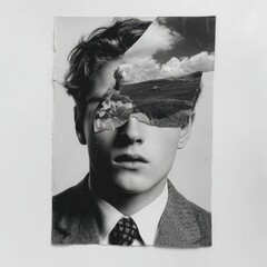 A grayscale portrait collage of a young man with a landscape overlay.