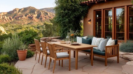 Fototapeta premium Outdoor Patio Furniture with Mountain View. Dining Table, Chair, Bench, Modern Living, Luxury Lifestyle.