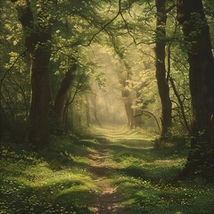 Naklejka premium A serene forest path bathed in soft spring sunlight, flanked by towering trees and fresh green foliage, with dappled shadows highlighting vibrant colors.