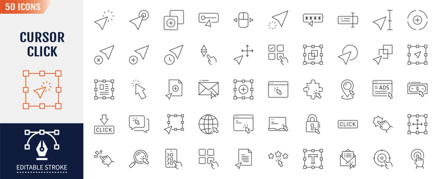 Cursor cick icon set. Containing Cursor, pointer, arrow, mouse click, touchpad and more. Vector illustration