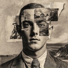 A sepia-toned portrait collage showcasing a man's face, composed of various vintage imagery.