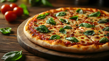 Freshly Baked Margherita Pizza with Basil Leaves on Wooden Board