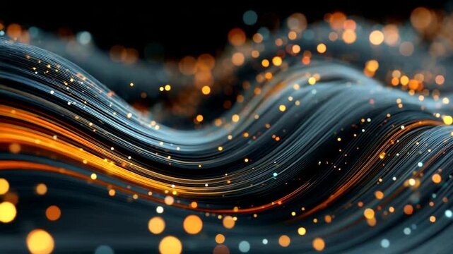Dark, undulating parallel lines with bright orange light streams and luminous bokeh particles flow abstractly, creating depth