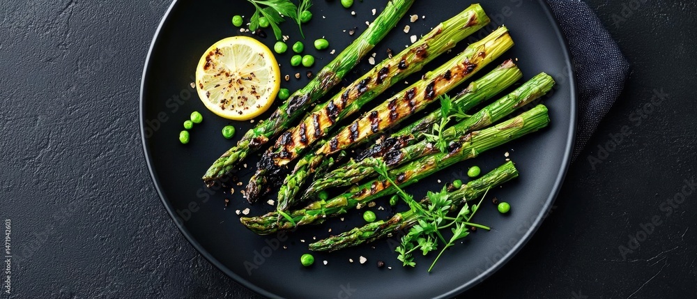 Poster plate of grilled asparagus spears on a black plate. the spears are arranged in a single layer on the