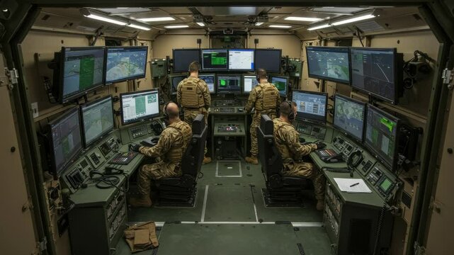 Military Operations Control Room with Multiple Screens and Personnel