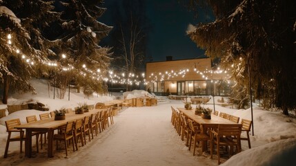 Fototapeta premium Winter Event Venue, Outdoor Party, String Lights. Rustic wooden tables and chairs set for an event in a snowy outdoor setting at night illuminated by festive string lights.