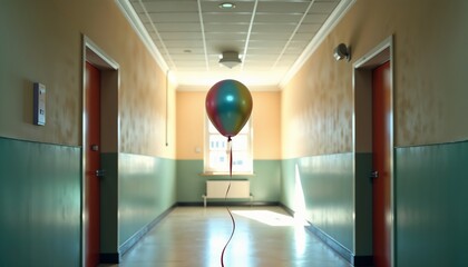 Single colorful balloon floating near ceiling in quiet hallway