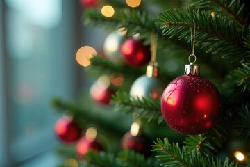 Fototapeta premium Festive Christmas ornaments hanging on a decorated tree , pine, cone, winter