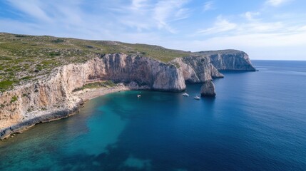 Fototapeta premium Aerial view of a secluded cove with turquoise water, surrounded by dramatic white limestone cliffs and a small sandy beach, two yachts are anchored nearby. : Generative AI