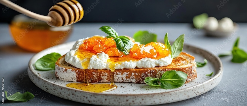 Poster plate with a piece of toast on it. the toast is topped with a generous dollop of ricotta cheese and 