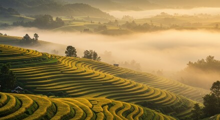 Aerial view of terraced rice fields during morning fog and golden sunlight
