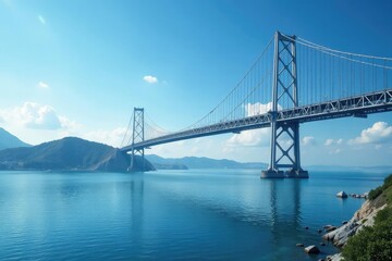 Fototapeta premium Sky blue suspension bridge spanning a vast landscape Serenity and architectural beauty captured in a stunning image , breathtaking, expansive