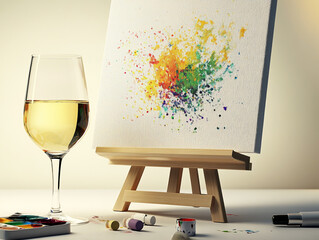 Artistic Wine Still Life  Abstract Painting  Canvas  Easel  Wine Glass  Colorful Splashes