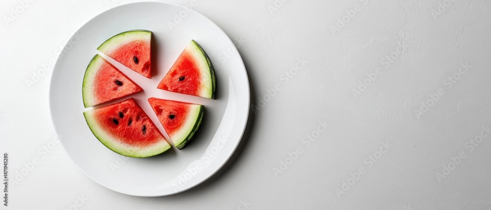 Fototapete white plate with six slices of watermelon arranged in a circular pattern on it. the slices are of di