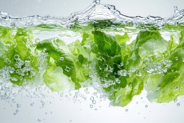 Lettuce Leaves Sinking into Water with Bubbles