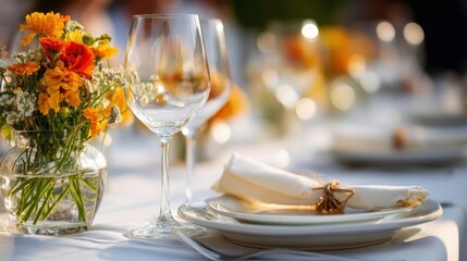 Fototapeta premium Elegant Table Setting, Fine Dining, Wedding Celebration with Flowers and Wine Glass