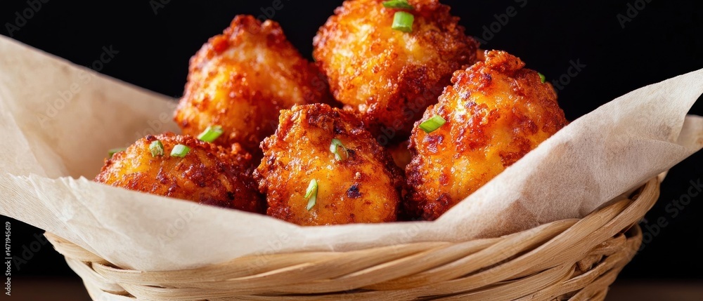 Poster basket of fried chicken nuggets. the nuggets are golden brown and appear to be crispy on the outside