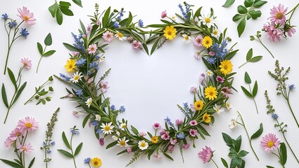 Embrace a heart-shaped wreath of colorful wildflowers with scattered blooms on a white background, perfect for romantic nature-themed designs and floral photography.