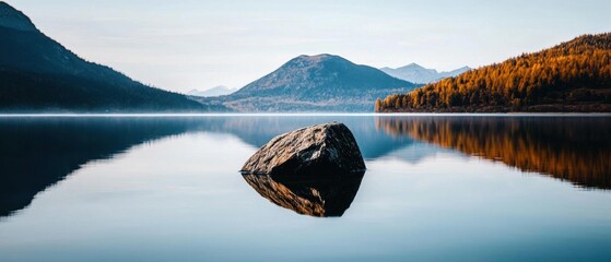 Landscape photograph of a lake with a large rock in the center. the lake is calm and still, reflecting the mountains in the water.