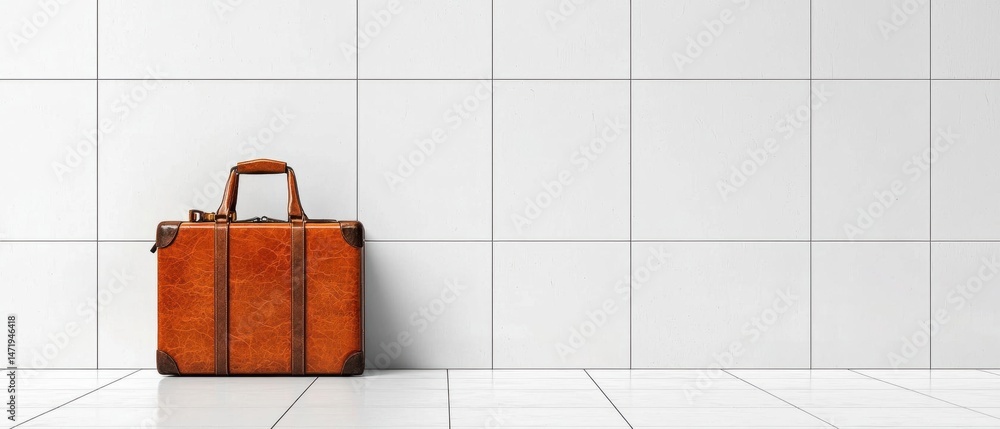 Aufkleber brown suitcase with a handle and a zipper on the front. it is placed against a white tiled wall. the