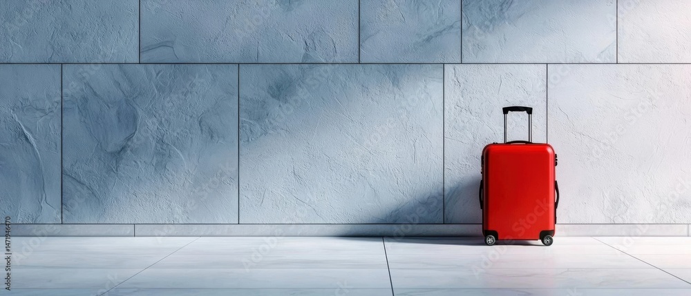 Poster red suitcase with a black handle and wheels on a white tiled floor. the suitcase is positioned in fr
