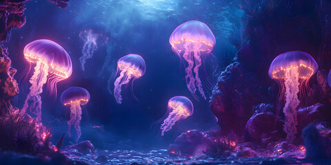 Naklejka premium Ethereal Jellyfish Glowing in Vibrant Underwater Reef Landscape