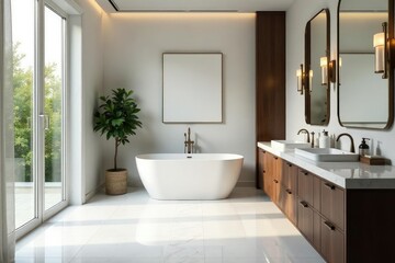 Fototapeta premium Luxurious vanity bathroom with freestanding tub, marble countertops, and modern fixtures , design, mirror, lighting