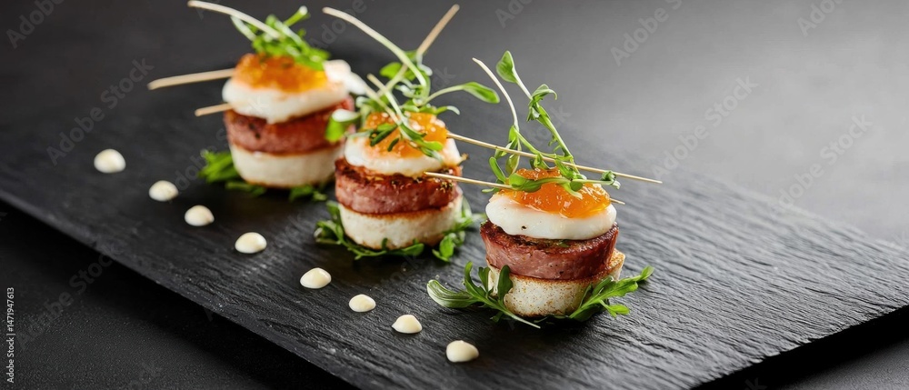 Poster black slate plate with three small appetizers on it. the appetizers are made up of three pieces of m
