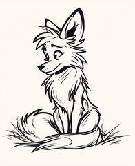 Obraz premium A smiling fox with large ears and fluffy tail sits on the ground, its simple background allowing its features to take center stage.