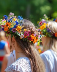 Naklejka premium Colorful flower crowns worn by joyful participants.