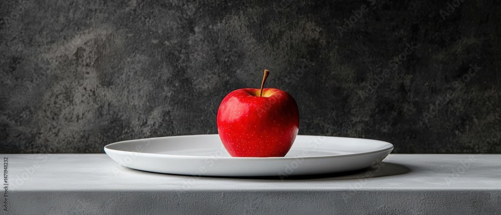 Poster close-up of a single red apple on a white plate. the apple is placed on a grey surface with a dark g