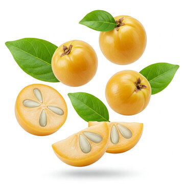 Fresh falsa berries with leaves floating in the air, full HD image isolated on a white background