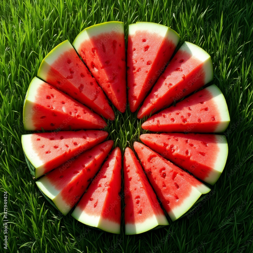 Poster circular arrangement sliced watermelon bed green grass watermelon slices arranged way overlapping cr