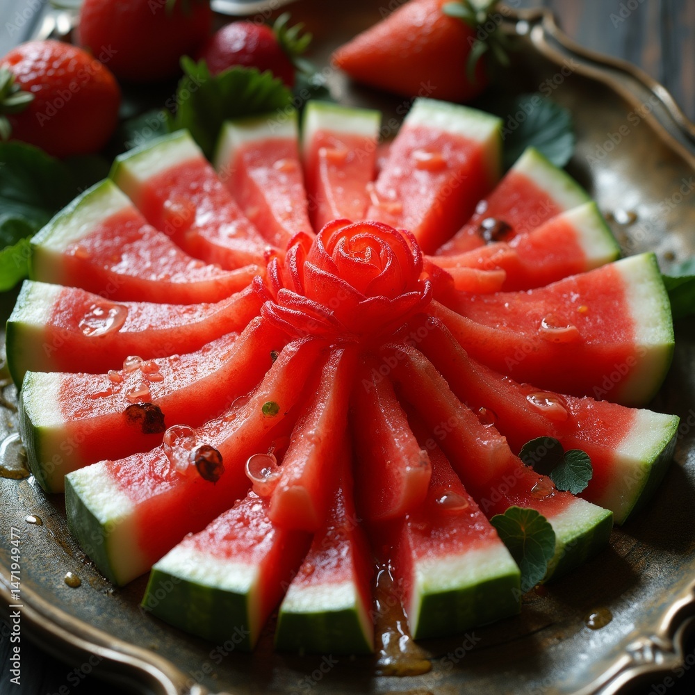 Poster close plate sliced watermelon arranged circular pattern watermelon slices arranged shape rose slice 